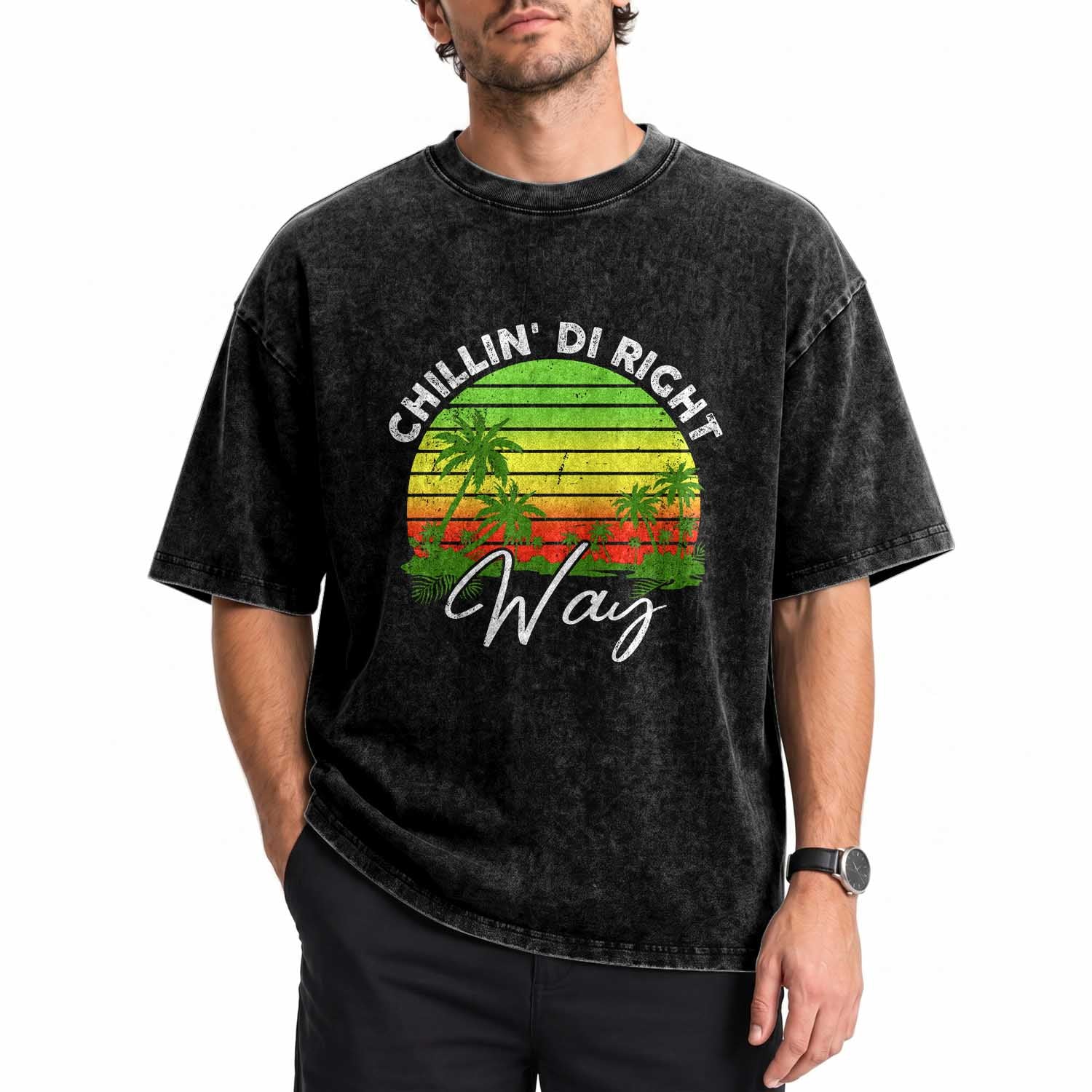 Jamaican Reggae Vibes Washed Cotton T-Shirt Retro Rasta Sunset Chill Chillin Di Right Way
