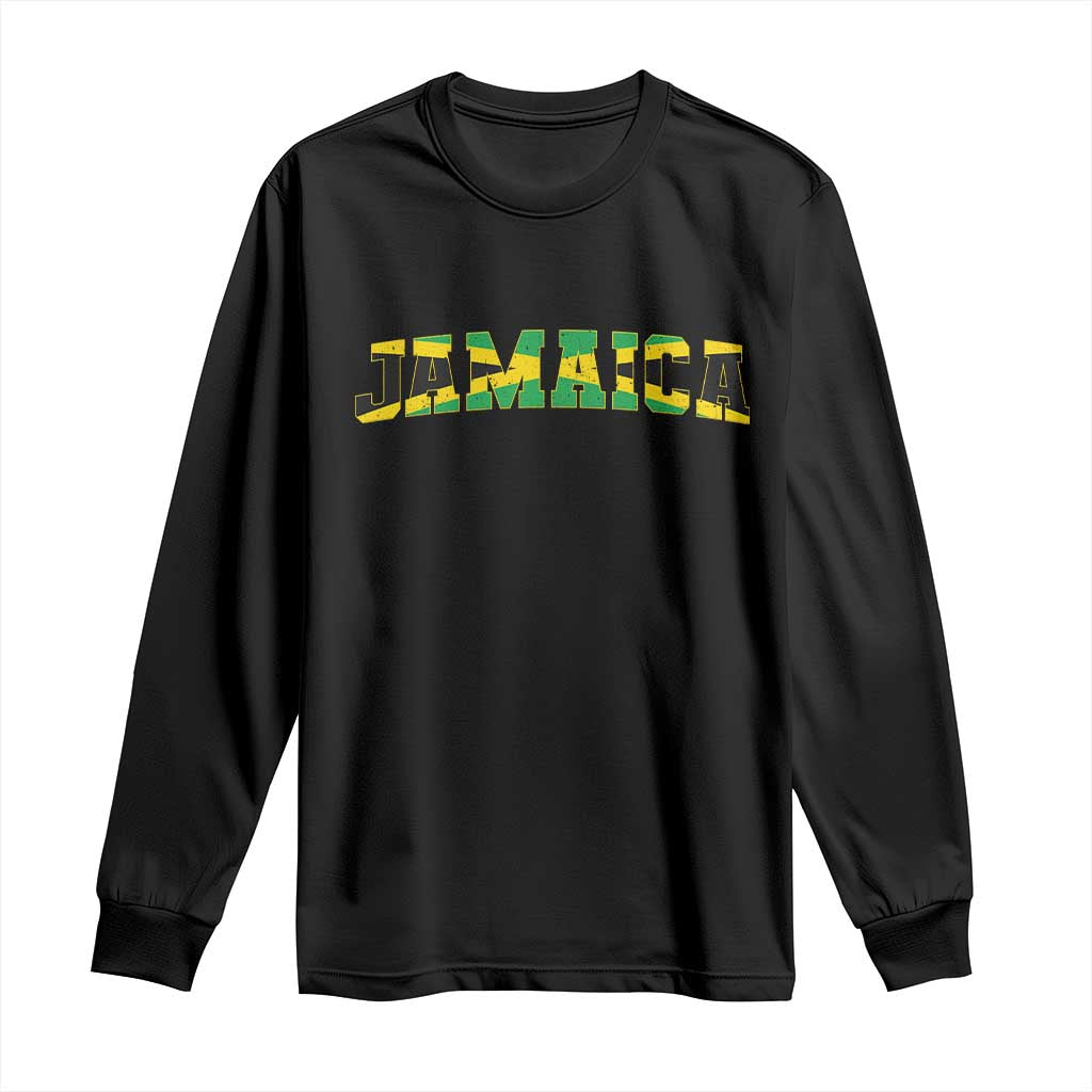 Jamaican Pride Long Sleeve Shirt Retro Jamaica Flag Distressed Varsity Lettering Style TS10 Black Print Your Wear