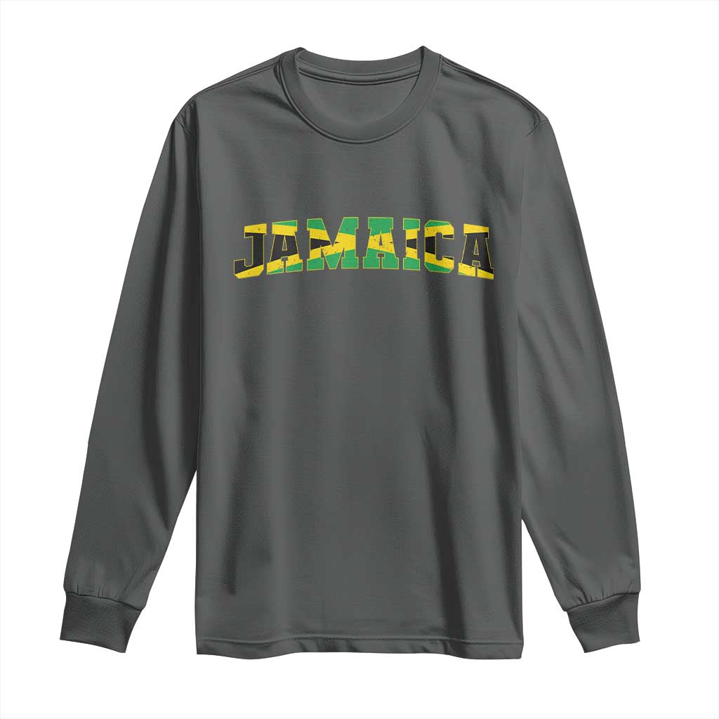 Jamaican Pride Long Sleeve Shirt Retro Jamaica Flag Distressed Varsity Lettering Style TS10 Dark Heather Print Your Wear