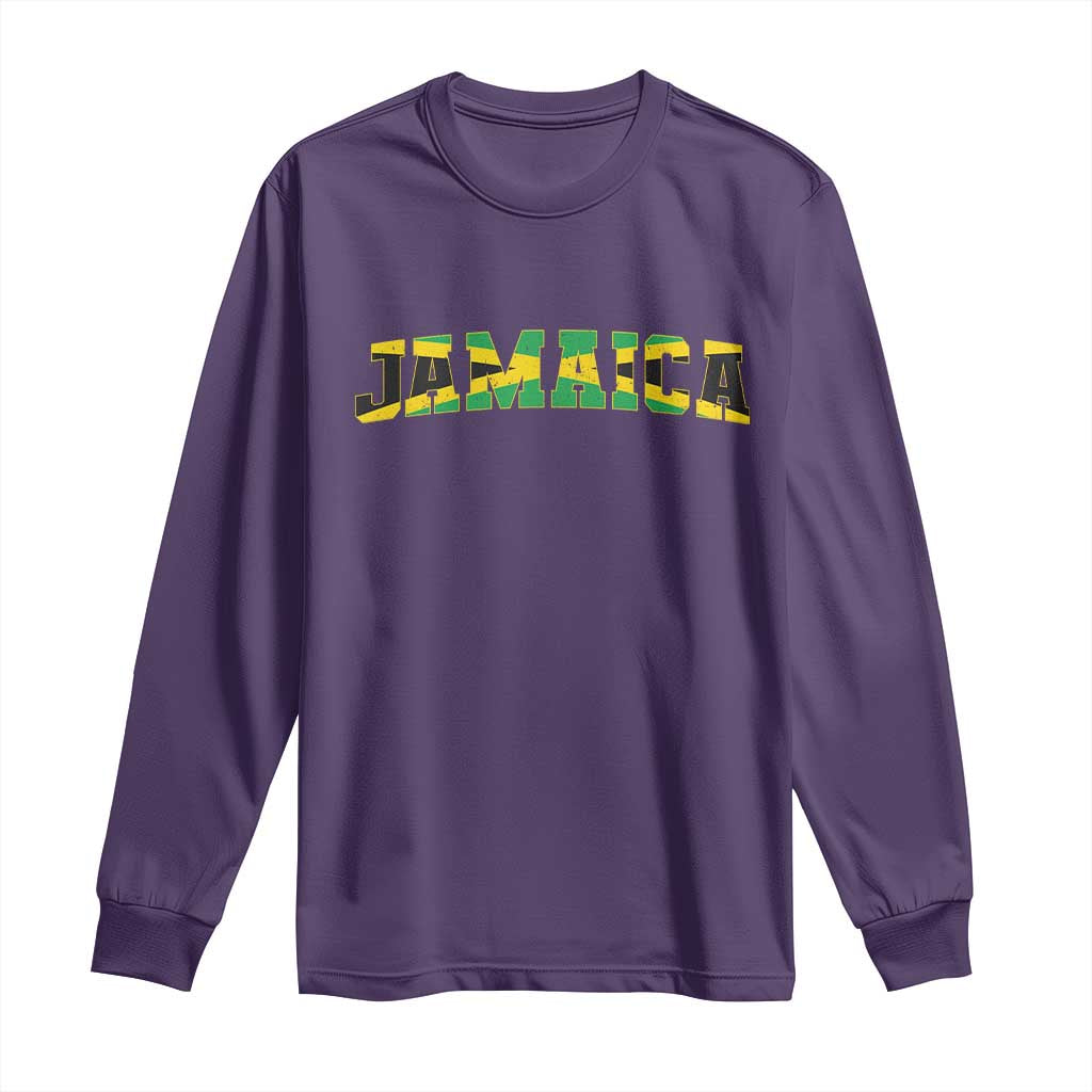 Jamaican Pride Long Sleeve Shirt Retro Jamaica Flag Distressed Varsity Lettering Style TS10 Purple Print Your Wear