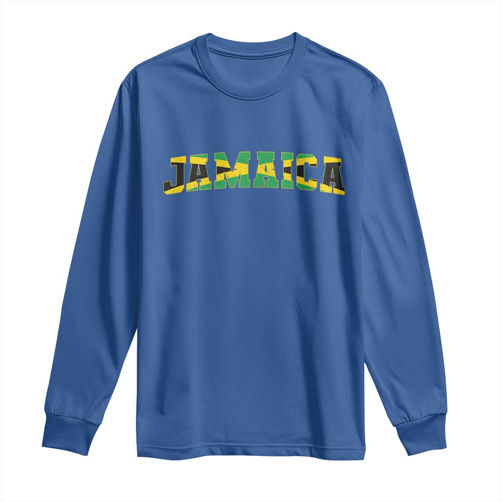Jamaican Pride Long Sleeve Shirt Retro Jamaica Flag Distressed Varsity Lettering Style TS10 Royal Blue Print Your Wear