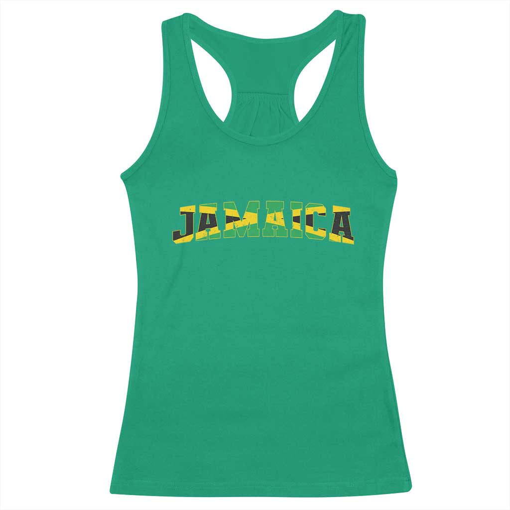 Jamaican Pride Racerback Tank Top Retro Jamaica Flag Distressed Varsity Lettering Style TS10 Irish Green Print Your Wear