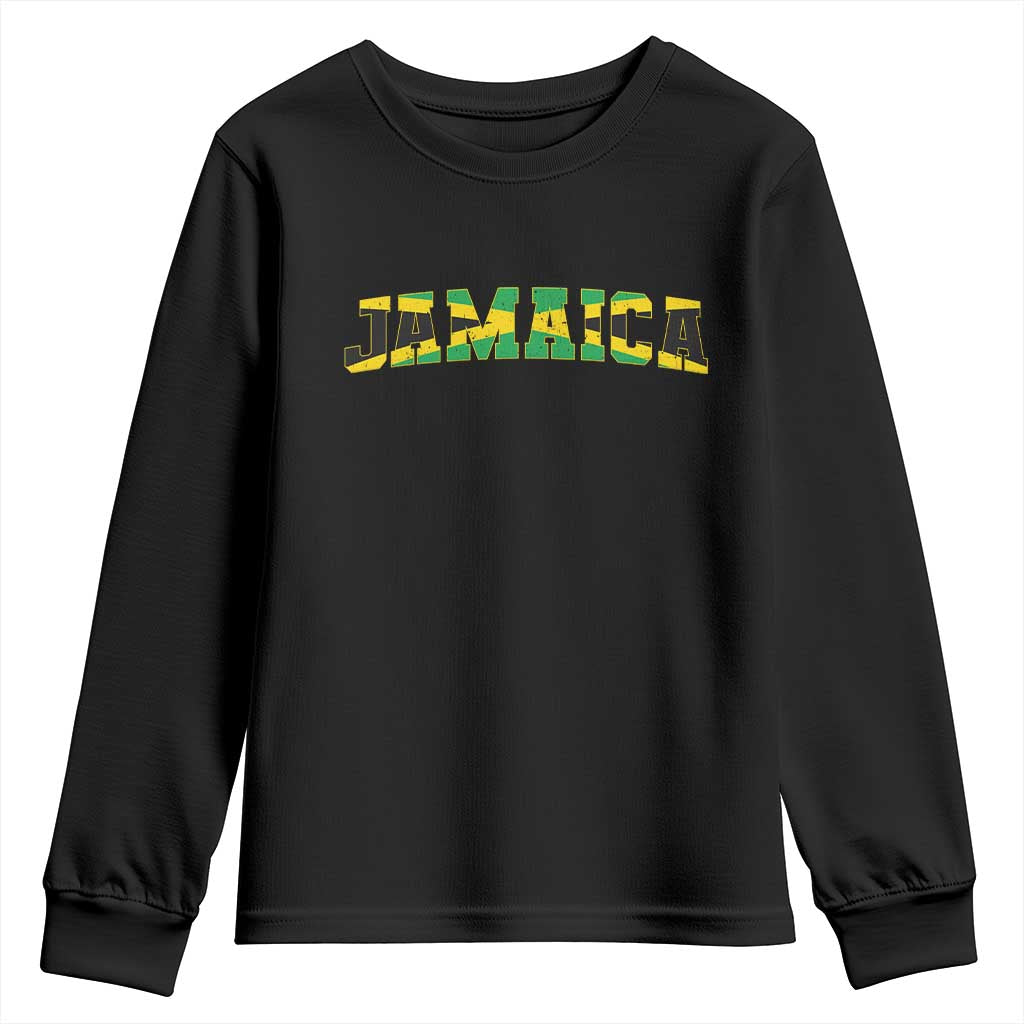 Jamaican Pride Youth Sweatshirt Retro Jamaica Flag Distressed Varsity Lettering Style TS10 Black Print Your Wear