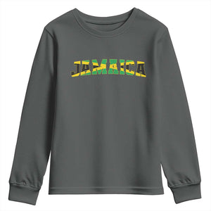 Jamaican Pride Youth Sweatshirt Retro Jamaica Flag Distressed Varsity Lettering Style TS10 Dark Heather Print Your Wear