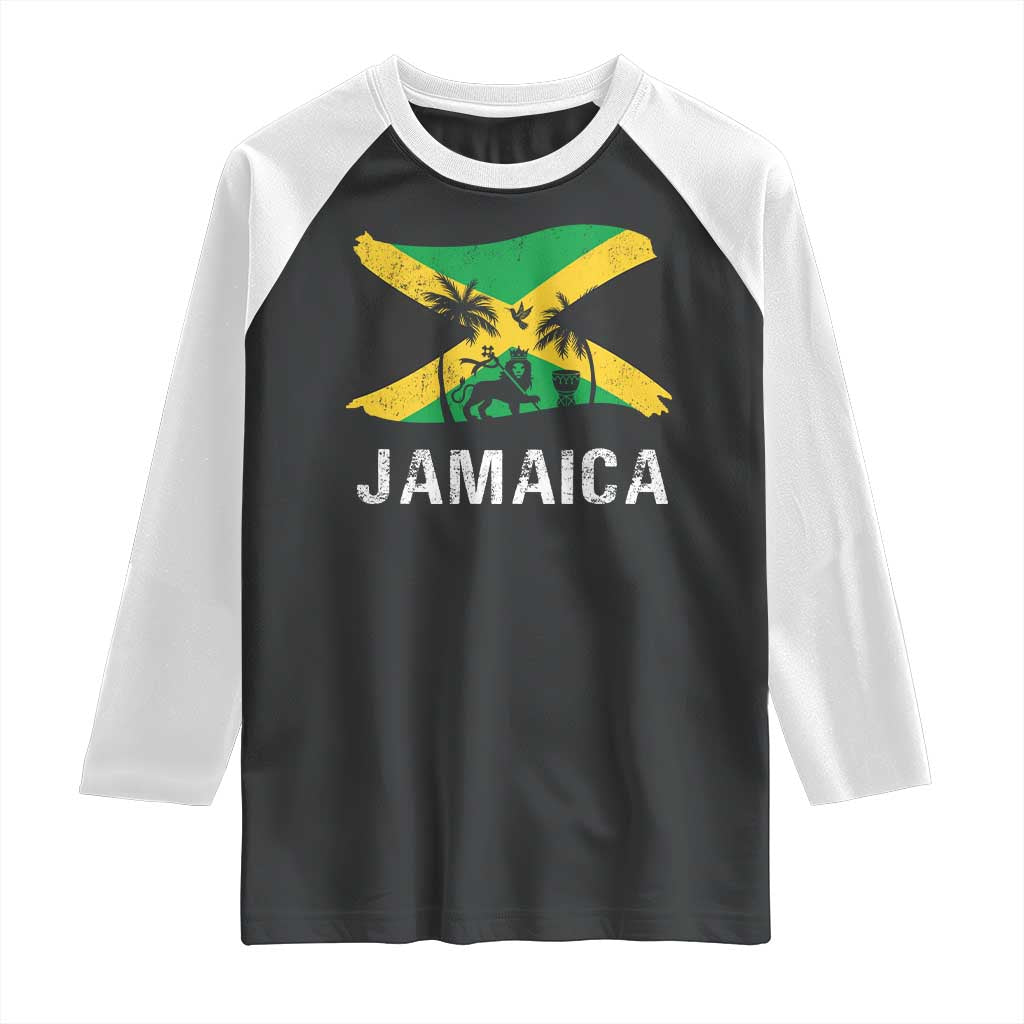 Jamaica Raglan Shirt Retro Vintage Jamaican Pride Flag Lion Of Judah TS10 Black White Print Your Wear