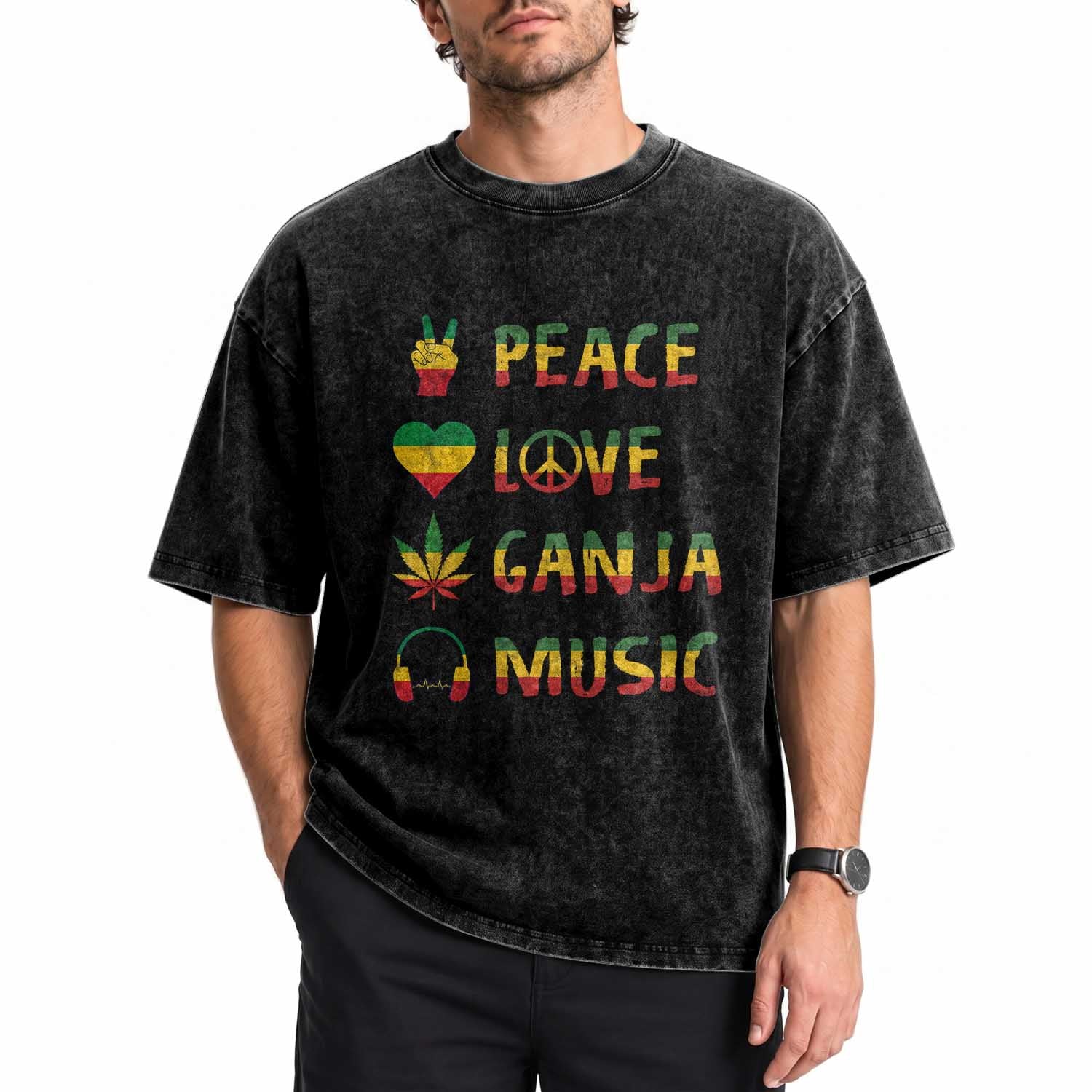Rasta Weed Washed Cotton T-Shirt Peace Love Ganja Marijuana Cannabis Reggae Music