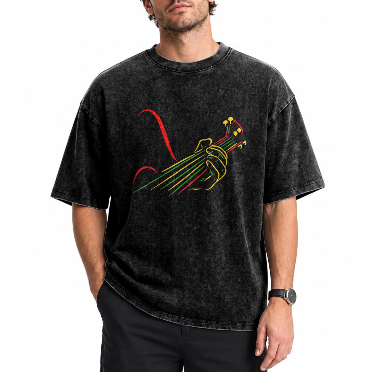 Reggae Guitar Washed Cotton T-Shirt Rasta Music Gift for Guitar Lovers