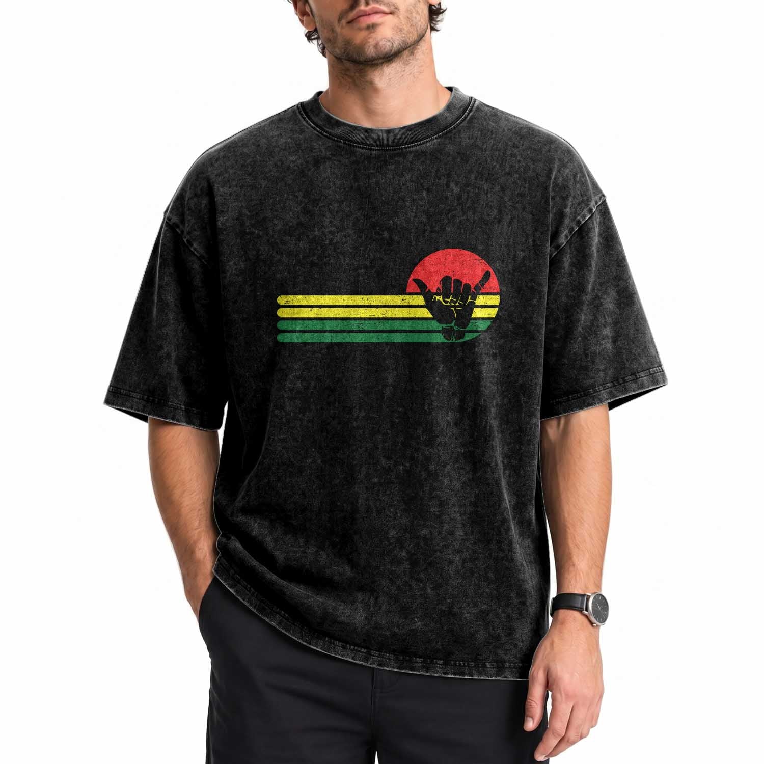 Rasta Reggae Shaka Hand Washed Cotton T-Shirt Retro Vintage Jamaica Flag Rasta Hawaii Shaka Sign