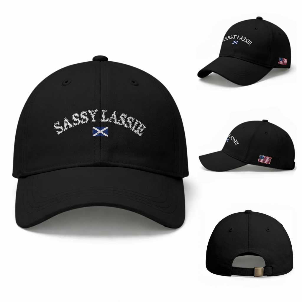 Sassy Lassie Scotland Flag Baseball Cap Funny Scottish Pride Heritage Gift TS10 Baseball Cap Universal Fit Black Print Your Wear