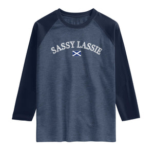 Sassy Lassie Scotland Flag Raglan Shirt Funny Scottish Pride Heritage Gift TS10 Heather Denim Navy Print Your Wear
