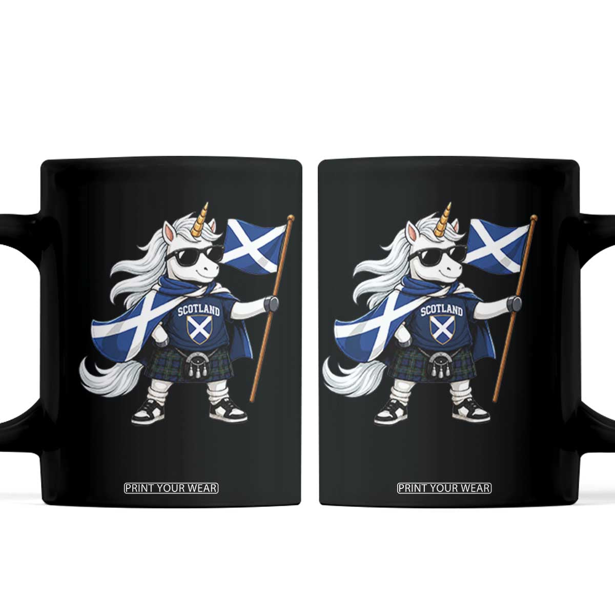 Funny Scotland Unicorn Coffee Mug Cool Scottish Unicorn with Kilt Flag Scotland Pride Football Fans TS10 Black Print Your Wear