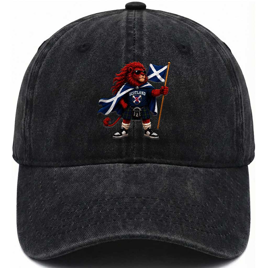 Proud Scotland Rampant Lion Washed Cotton Baseball Cap Scottish Flag Red Lion Mascot with Kilt Football Fans TS10 Print Your Wear