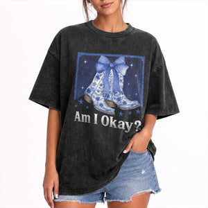 Am I Okay Washed Cotton T-Shirt Boot Cowgirl Coquette Bow