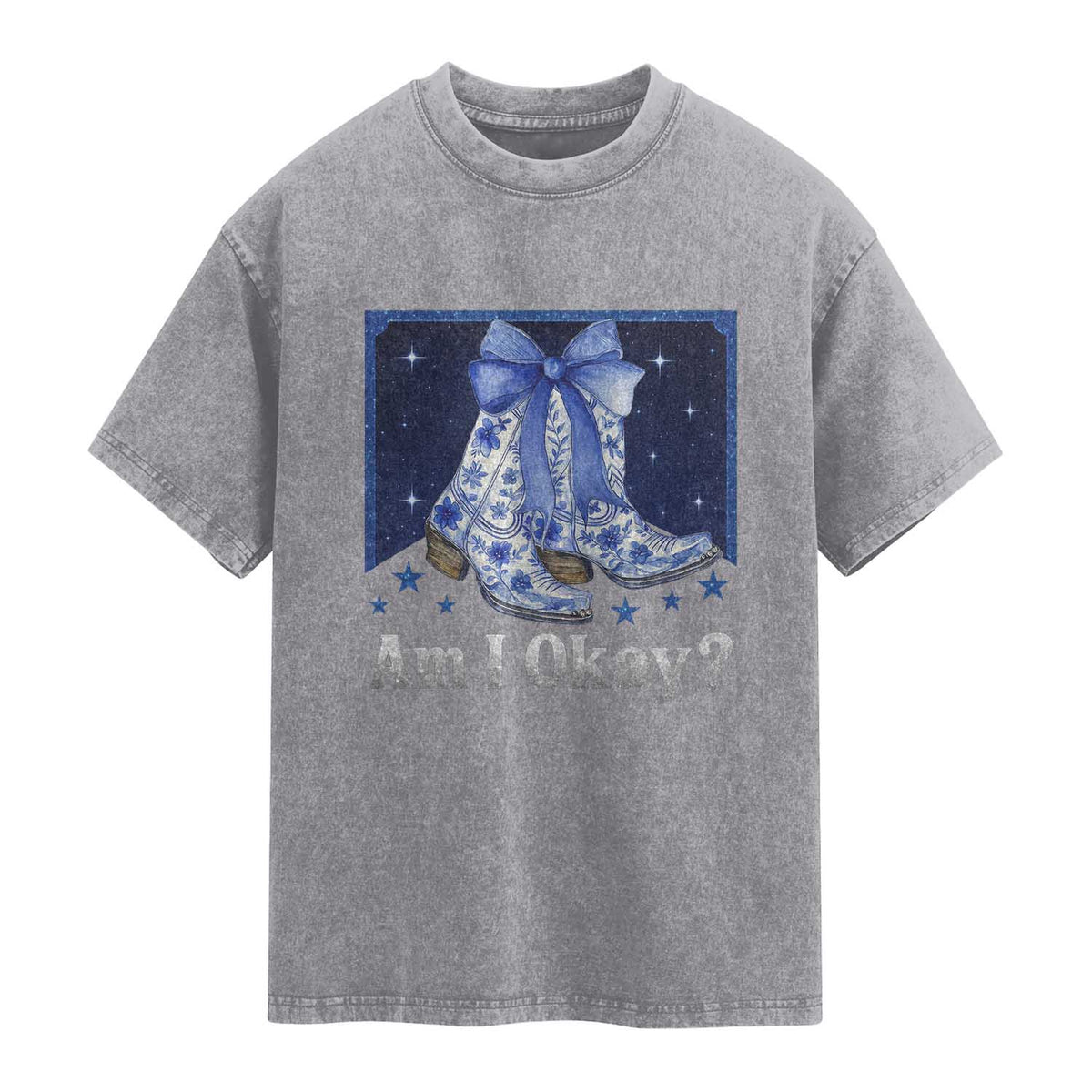 Am I Okay Washed Cotton T-Shirt Boot Cowgirl Coquette Bow