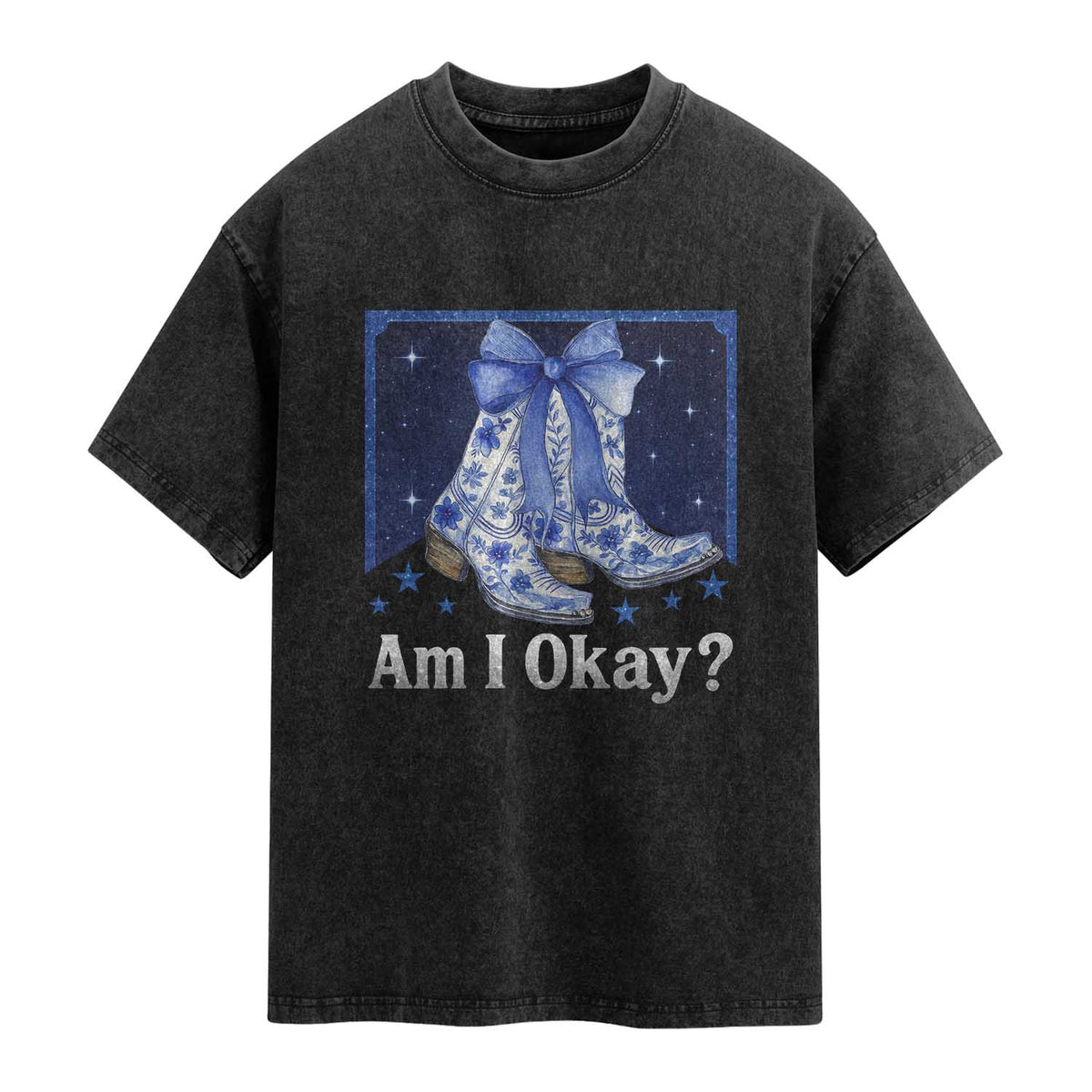 Am I Okay Washed Cotton T-Shirt Boot Cowgirl Coquette Bow