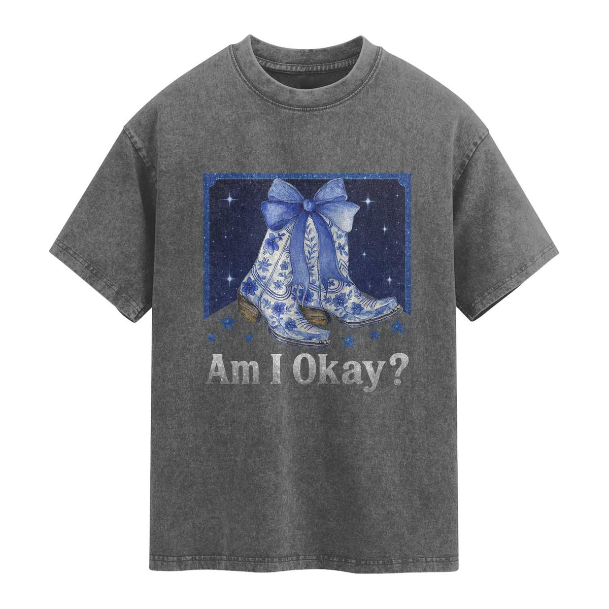 Am I Okay Washed Cotton T-Shirt Boot Cowgirl Coquette Bow