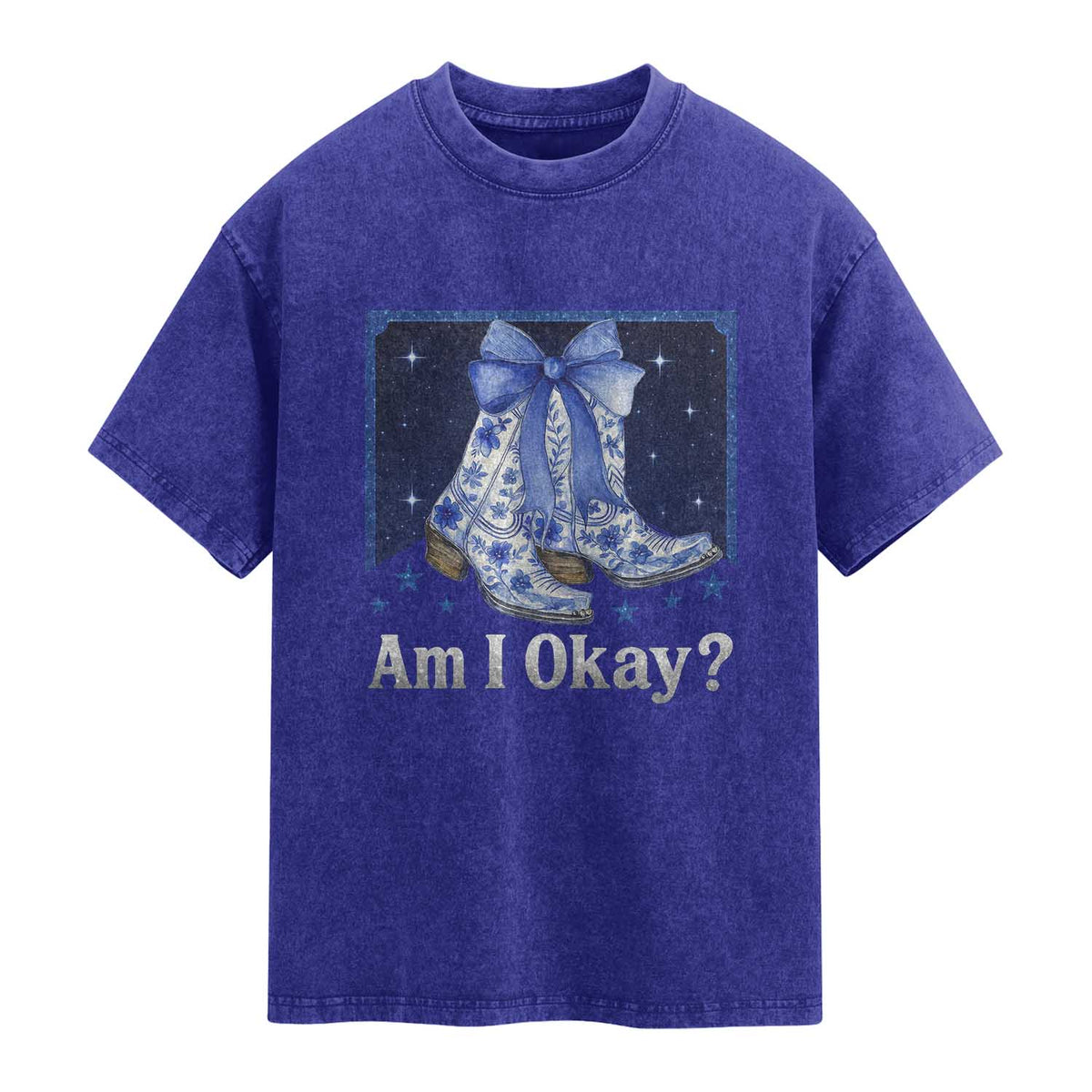 Am I Okay Washed Cotton T-Shirt Boot Cowgirl Coquette Bow