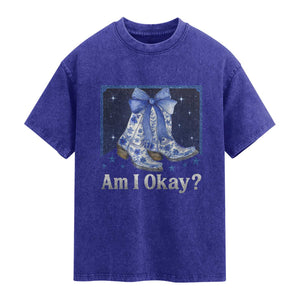 Am I Okay Washed Cotton T-Shirt Boot Cowgirl Coquette Bow