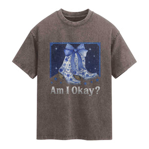 Am I Okay Washed Cotton T-Shirt Boot Cowgirl Coquette Bow