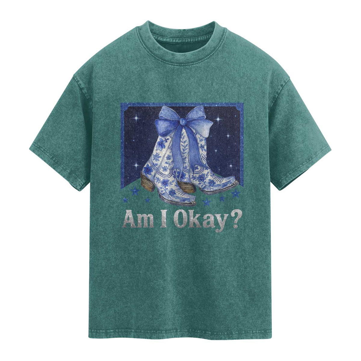 Am I Okay Washed Cotton T-Shirt Boot Cowgirl Coquette Bow