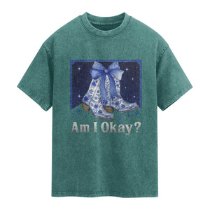 Am I Okay Washed Cotton T-Shirt Boot Cowgirl Coquette Bow