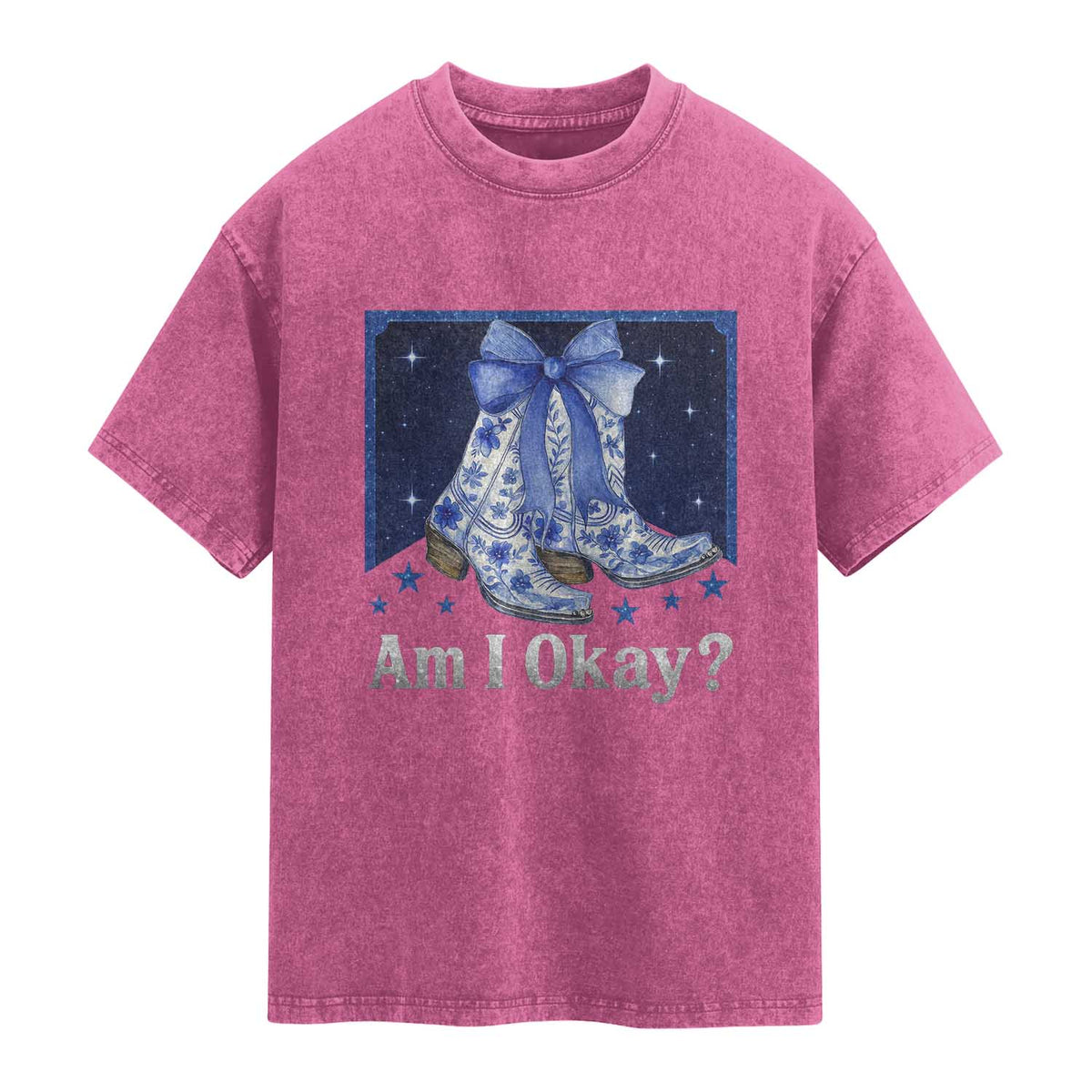 Am I Okay Washed Cotton T-Shirt Boot Cowgirl Coquette Bow