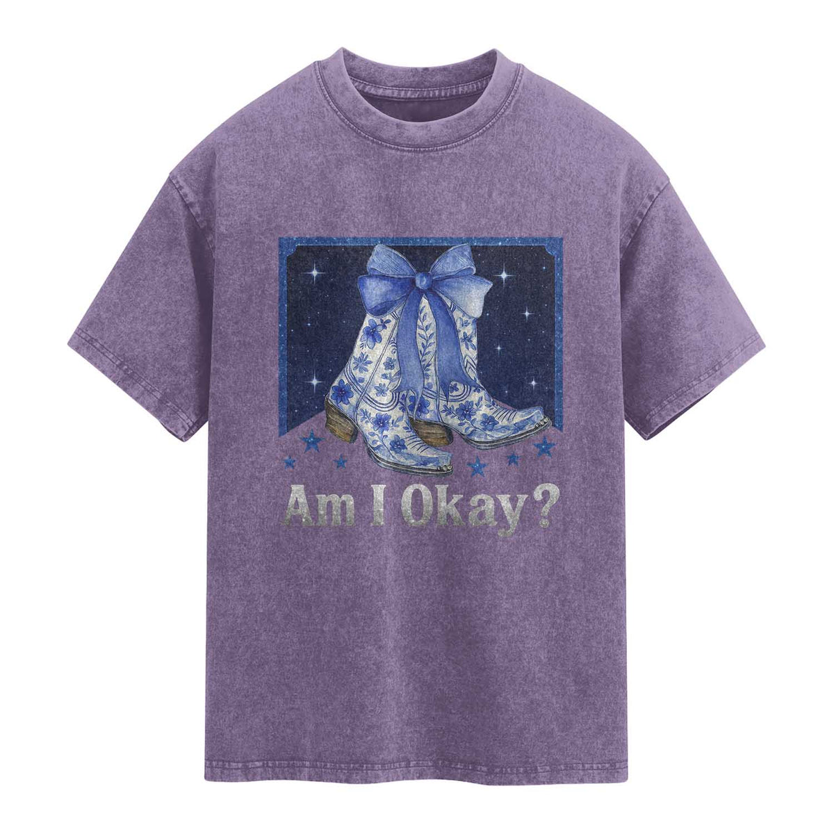 Am I Okay Washed Cotton T-Shirt Boot Cowgirl Coquette Bow