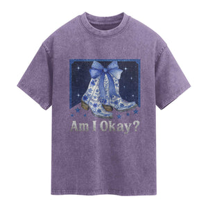 Am I Okay Washed Cotton T-Shirt Boot Cowgirl Coquette Bow