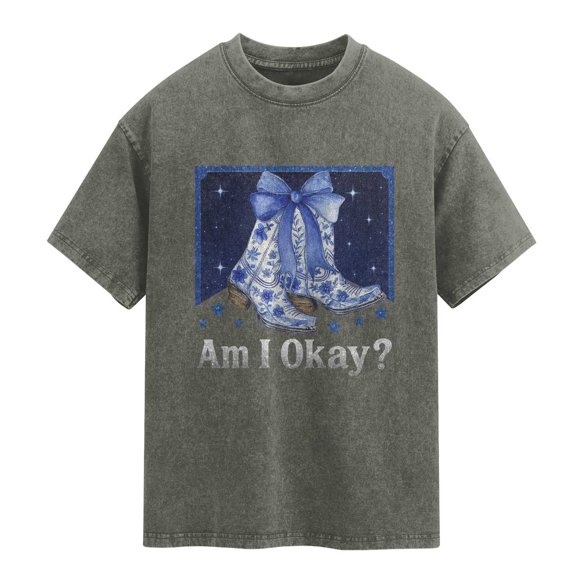 Am I Okay Washed Cotton T-Shirt Boot Cowgirl Coquette Bow