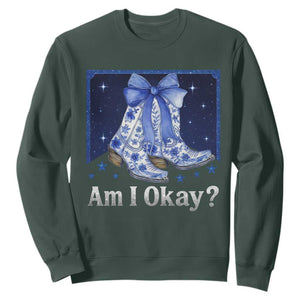 Am I Okay Sweatshirt Boot Cowgirl Coquette Bow TS10 Dark Forest Green Print Your Wear
