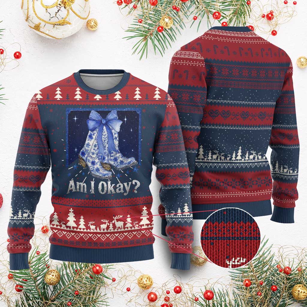 Am I Okay Knit Sweatshirt Boot Cowgirl Coquette Bow TS10 Burgundy Print Your Wear