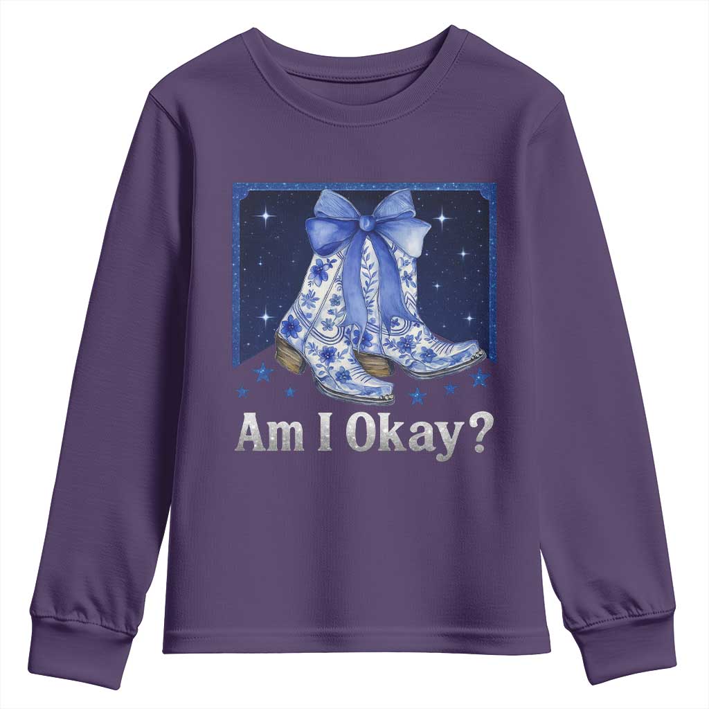 Am I Okay Youth Sweatshirt Boot Cowgirl Coquette Bow TS10 Purple Print Your Wear