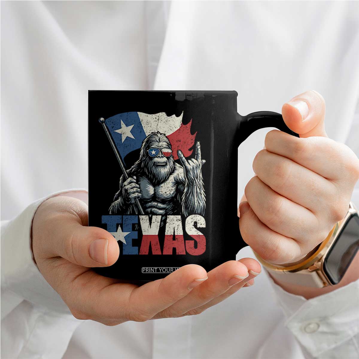 Bigfoot Texas Coffee Mug Sasquatch Loves Rock On Hand Texan Texas Flag TS10 Print Your Wear