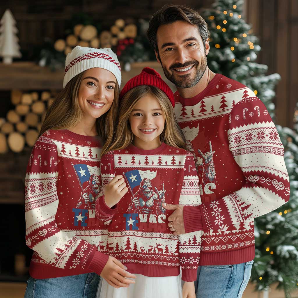 Bigfoot Texas Ugly Christmas Sweater Sasquatch Loves Rock On Hand Texan Texas Flag TS10 Red Beige Print Your Wear