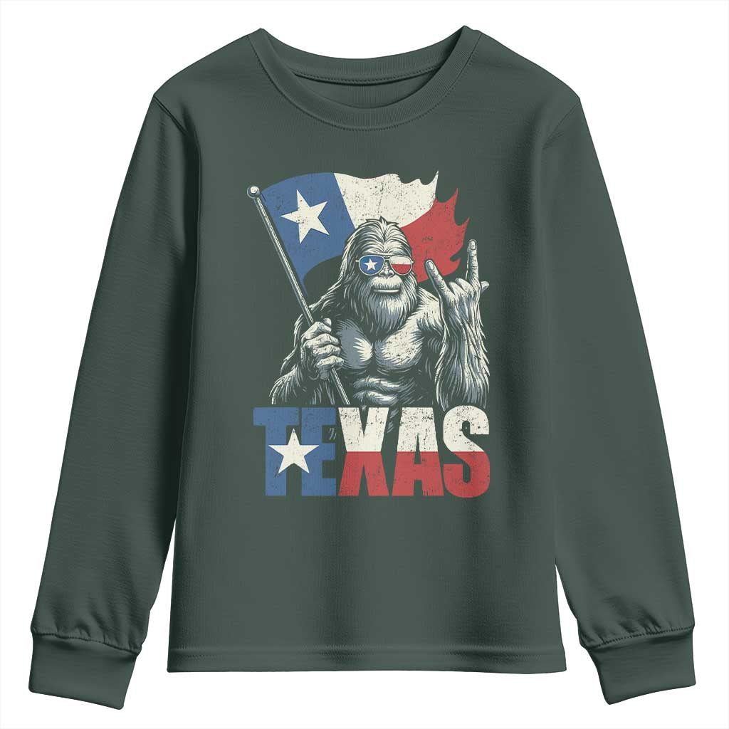 Bigfoot Texas Youth Sweatshirt Sasquatch Loves Rock On Hand Texan Texas Flag TS10 Dark Forest Green Print Your Wear