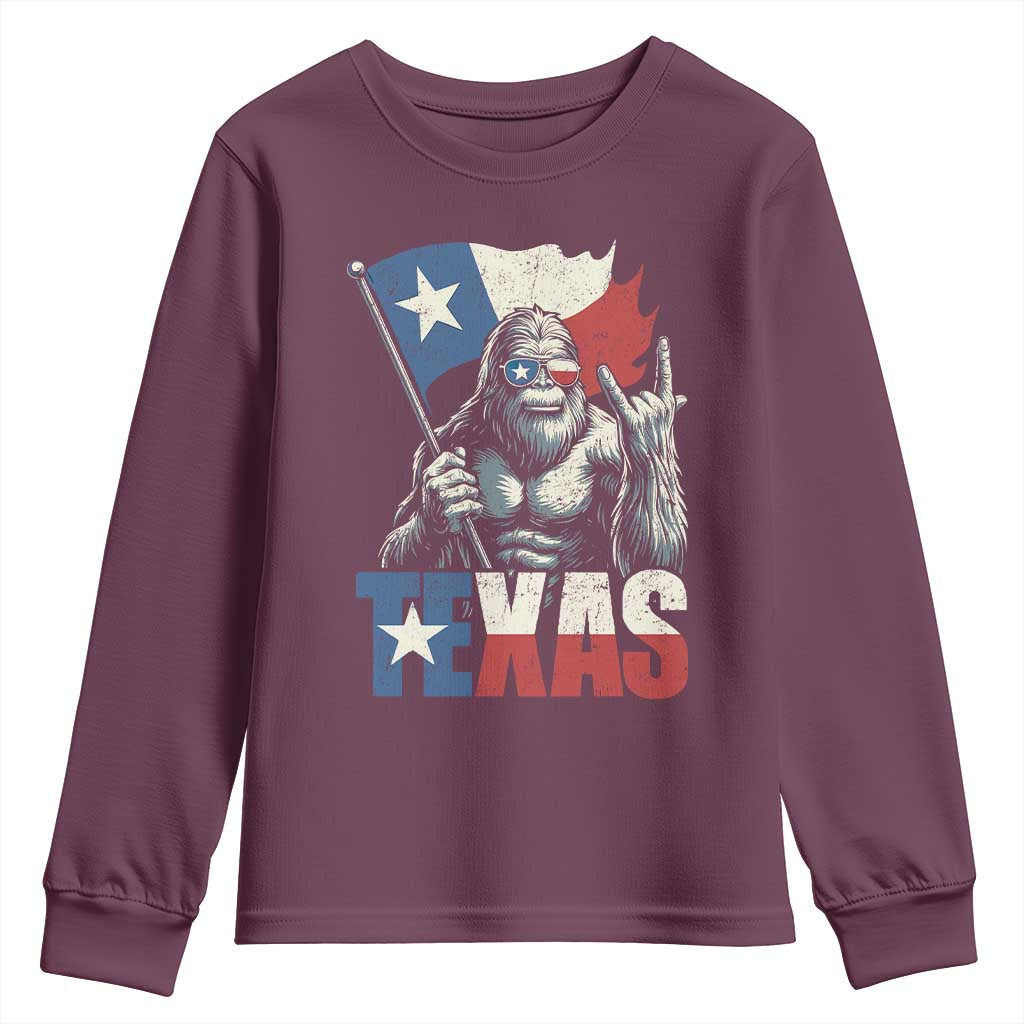 Bigfoot Texas Youth Sweatshirt Sasquatch Loves Rock On Hand Texan Texas Flag TS10 Maroon Print Your Wear