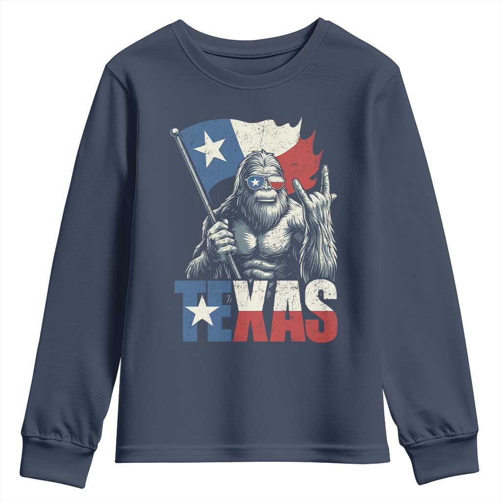 Bigfoot Texas Youth Sweatshirt Sasquatch Loves Rock On Hand Texan Texas Flag TS10 Navy Print Your Wear