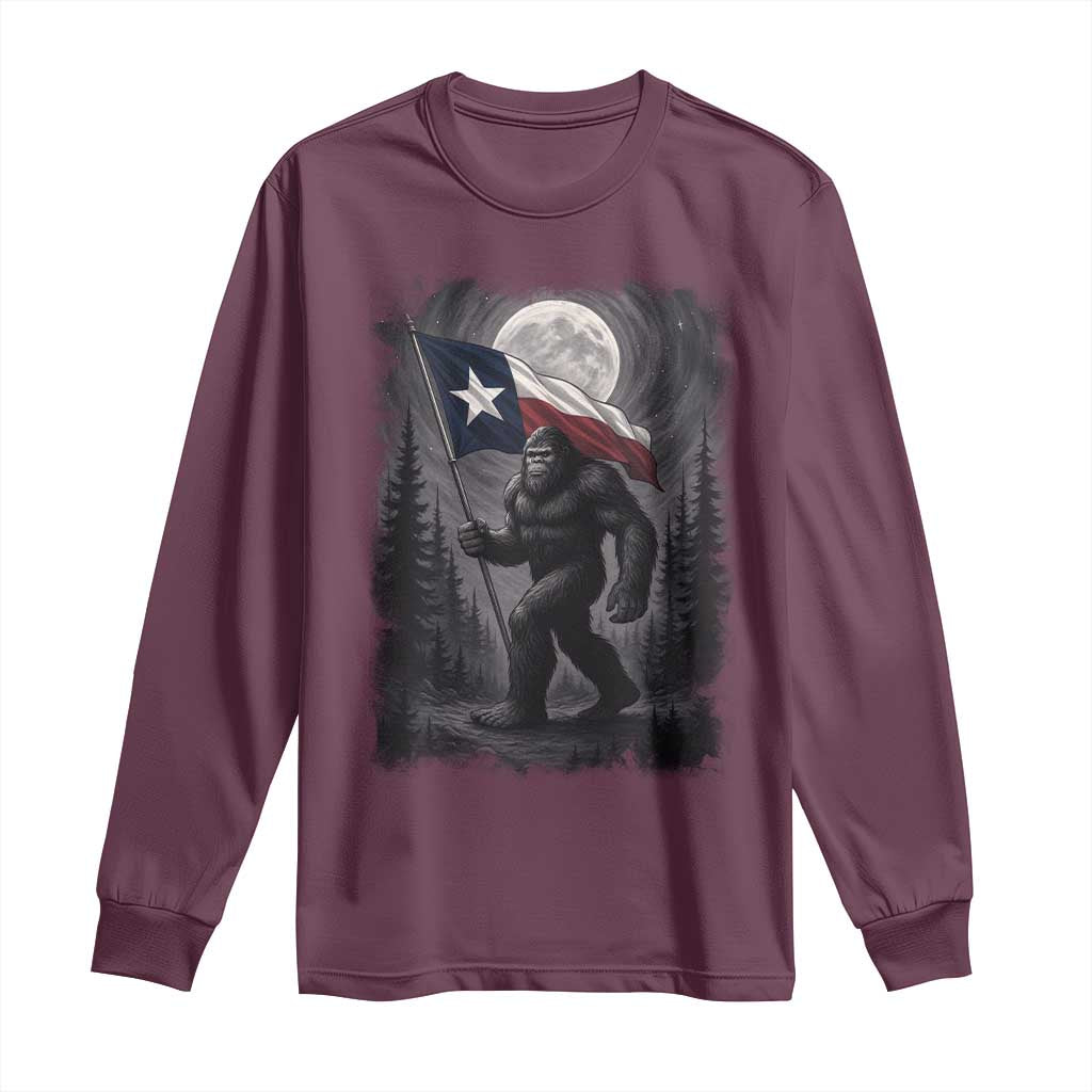 Bigfoot Texas Long Sleeve Shirt Forest Sasquatch Loves Rock On Hand Texas Flag TS10 Maroon Print Your Wear