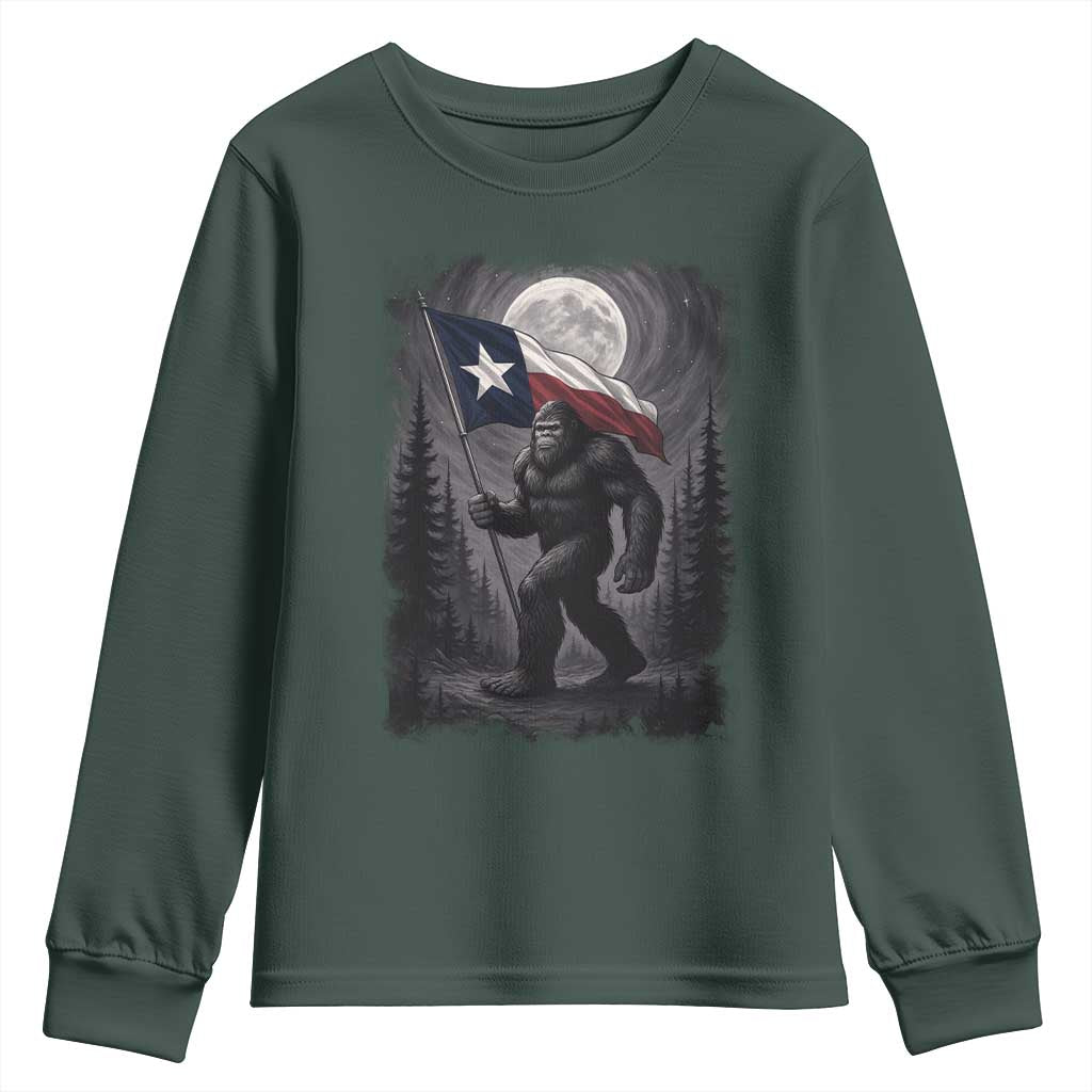 Bigfoot Texas Youth Sweatshirt Forest Sasquatch Loves Rock On Hand Texas Flag TS10 Dark Forest Green Print Your Wear