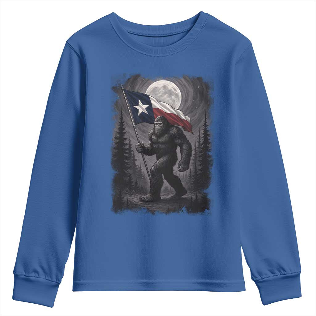 Bigfoot Texas Youth Sweatshirt Forest Sasquatch Loves Rock On Hand Texas Flag TS10 Royal Blue Print Your Wear
