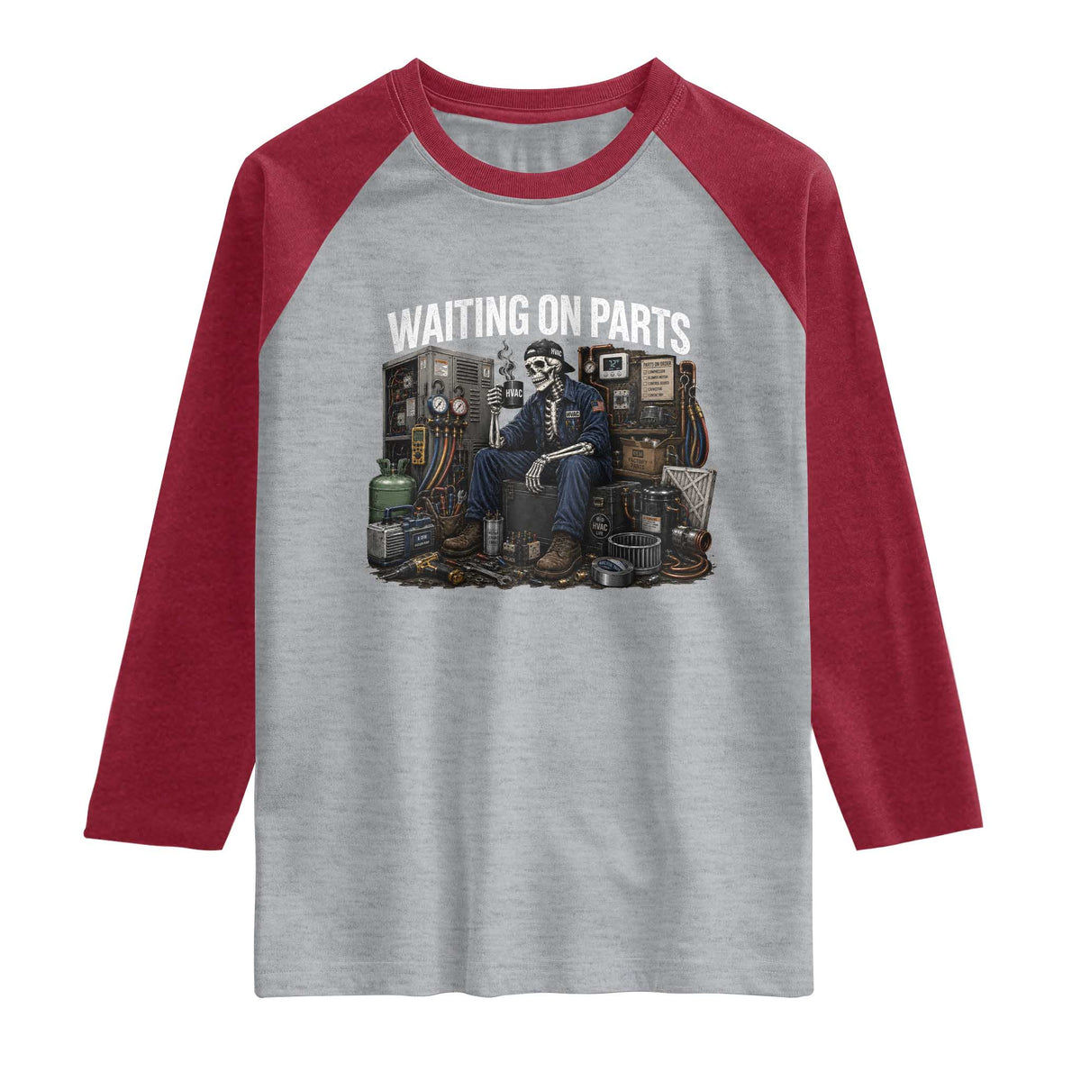 Waiting On Parts HVAC Tech Skeleton Funny Mechanic Graphic Raglan Shirt TS10 Heather Gray Heather Red Print Your Wear