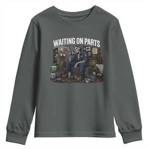 Waiting On Parts HVAC Tech Skeleton Funny Mechanic Graphic Youth Sweatshirt TS10 Dark Heather Print Your Wear