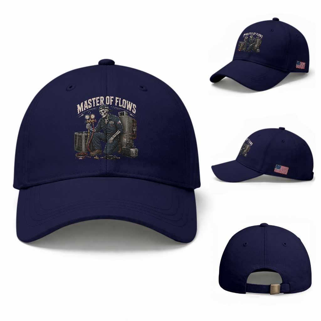 HVAC Tech Skeleton Mechanic Baseball Cap Master Of Flows Vintage Distressed Graphic TS10 Baseball Cap Universal Fit Dark Blue Print Your Wear