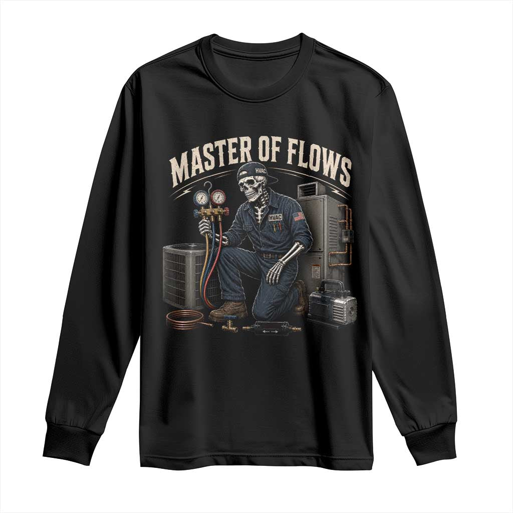 HVAC Tech Skeleton Mechanic Long Sleeve Shirt Master Of Flows Vintage Distressed Graphic TS10 Black Print Your Wear