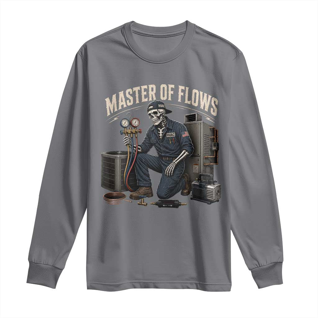 HVAC Tech Skeleton Mechanic Long Sleeve Shirt Master Of Flows Vintage Distressed Graphic TS10 Charcoal Print Your Wear