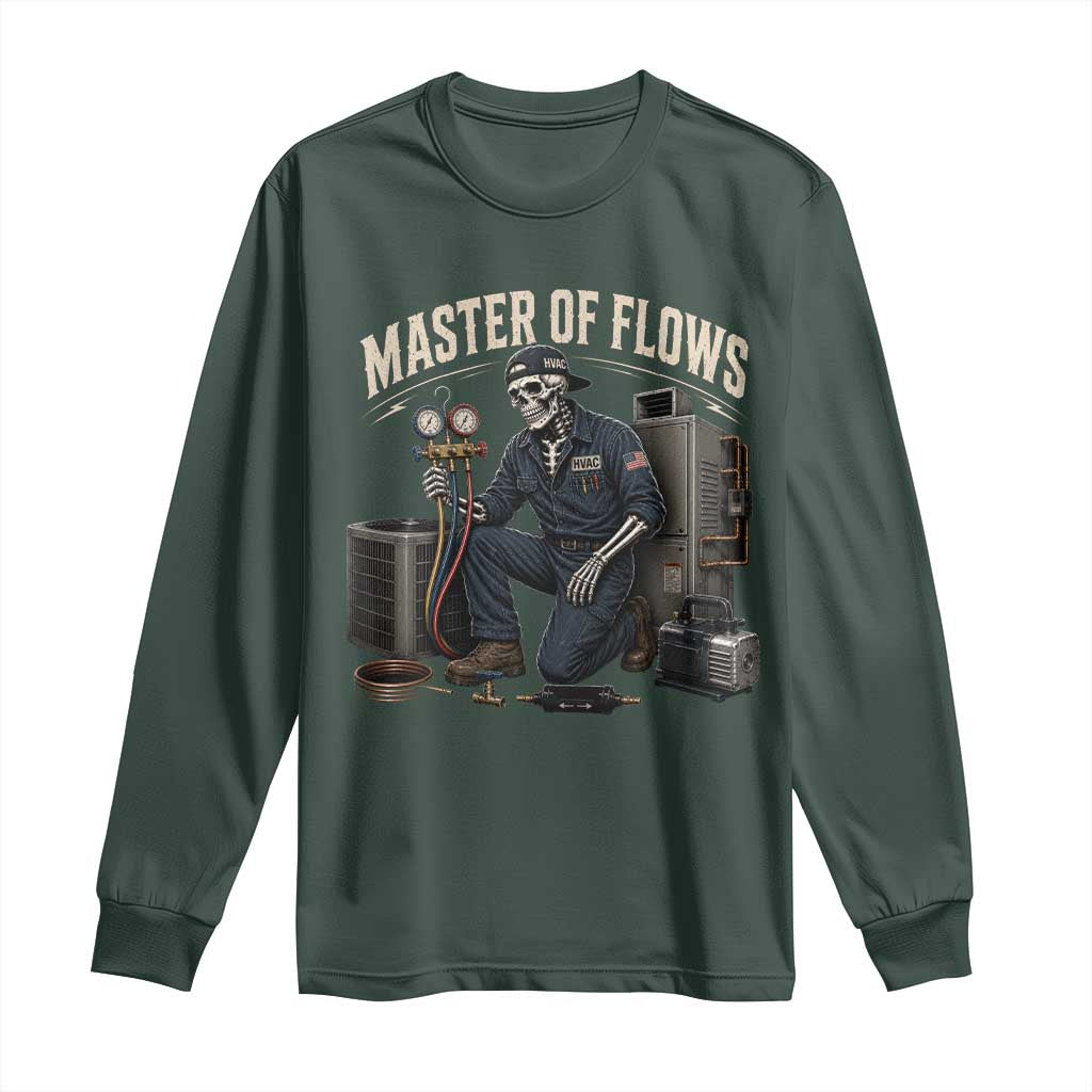 HVAC Tech Skeleton Mechanic Long Sleeve Shirt Master Of Flows Vintage Distressed Graphic TS10 Dark Forest Green Print Your Wear