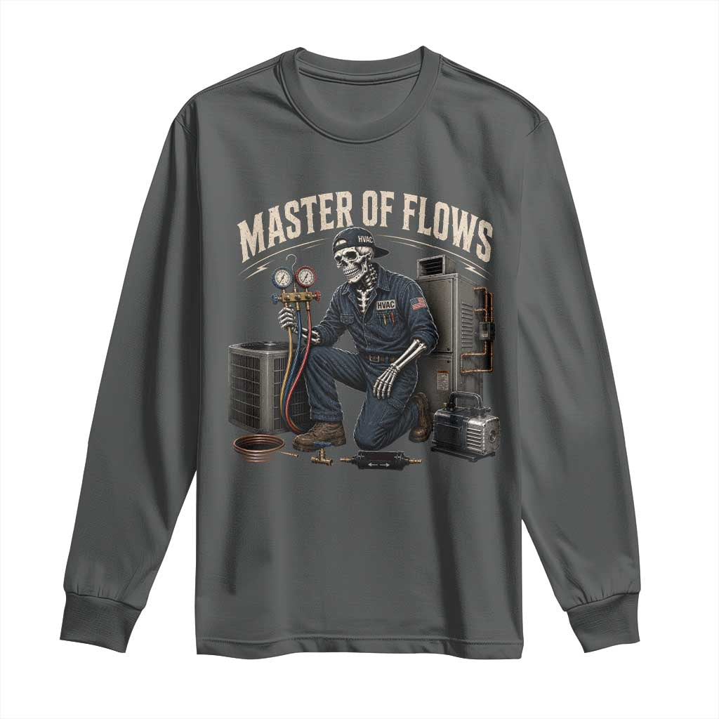 HVAC Tech Skeleton Mechanic Long Sleeve Shirt Master Of Flows Vintage Distressed Graphic TS10 Dark Heather Print Your Wear