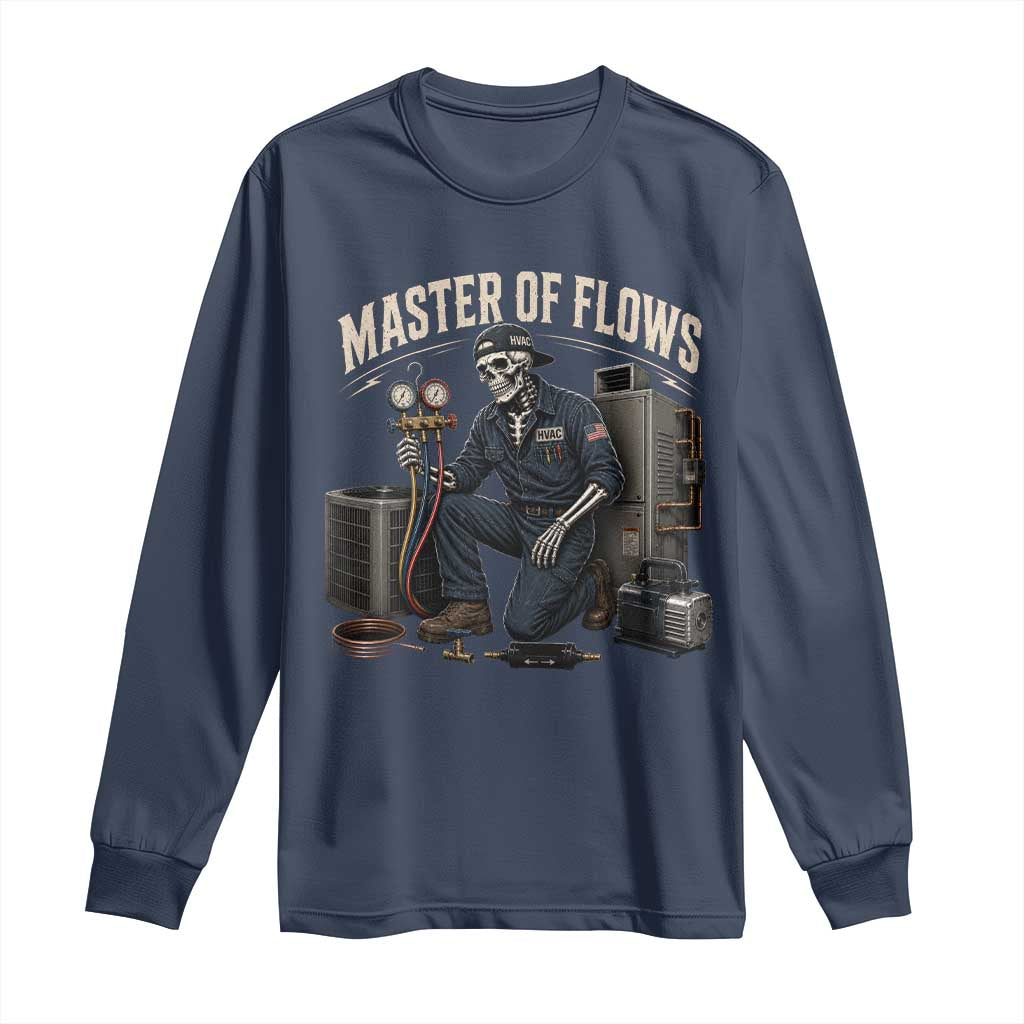 HVAC Tech Skeleton Mechanic Long Sleeve Shirt Master Of Flows Vintage Distressed Graphic TS10 Navy Print Your Wear