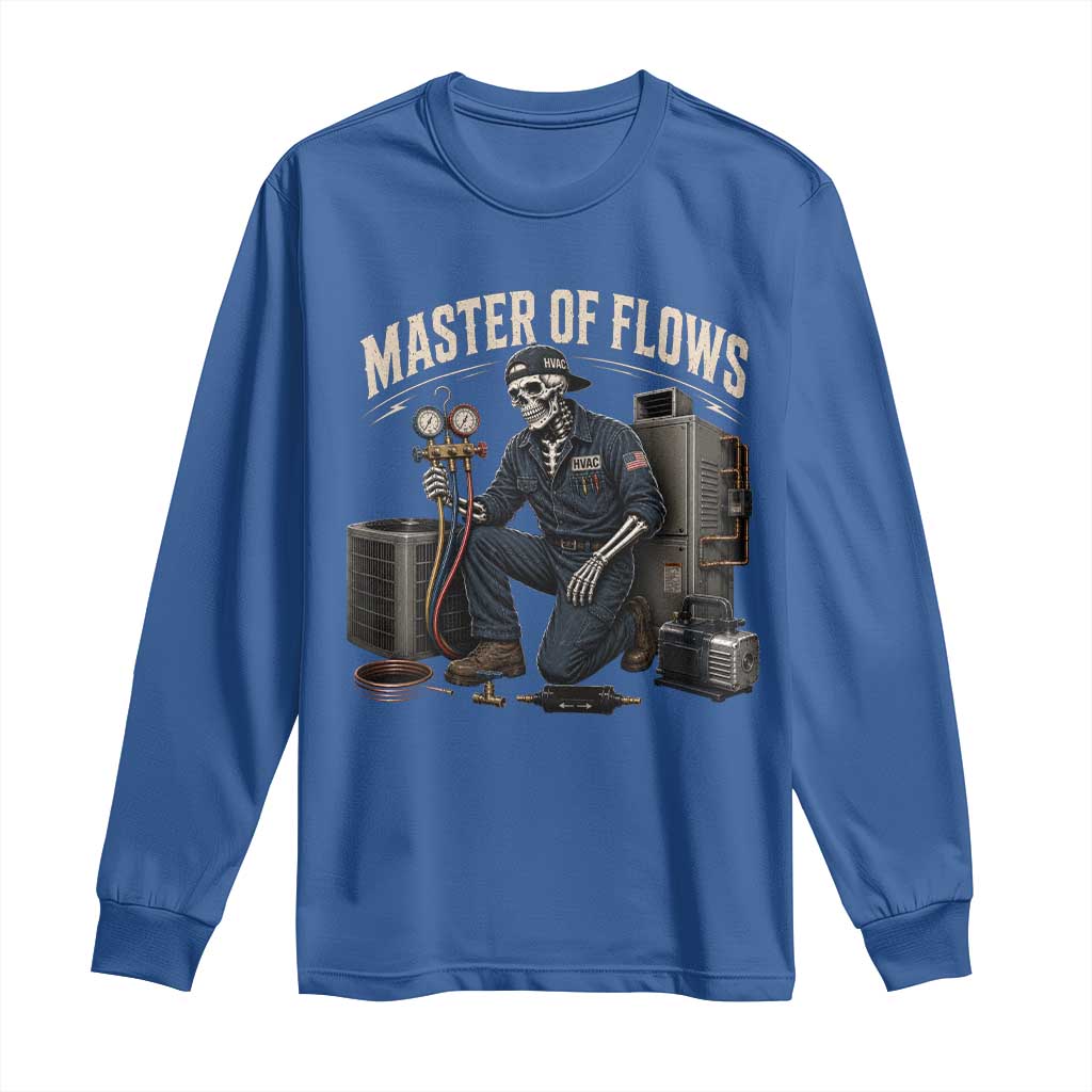 HVAC Tech Skeleton Mechanic Long Sleeve Shirt Master Of Flows Vintage Distressed Graphic TS10 Royal Blue Print Your Wear