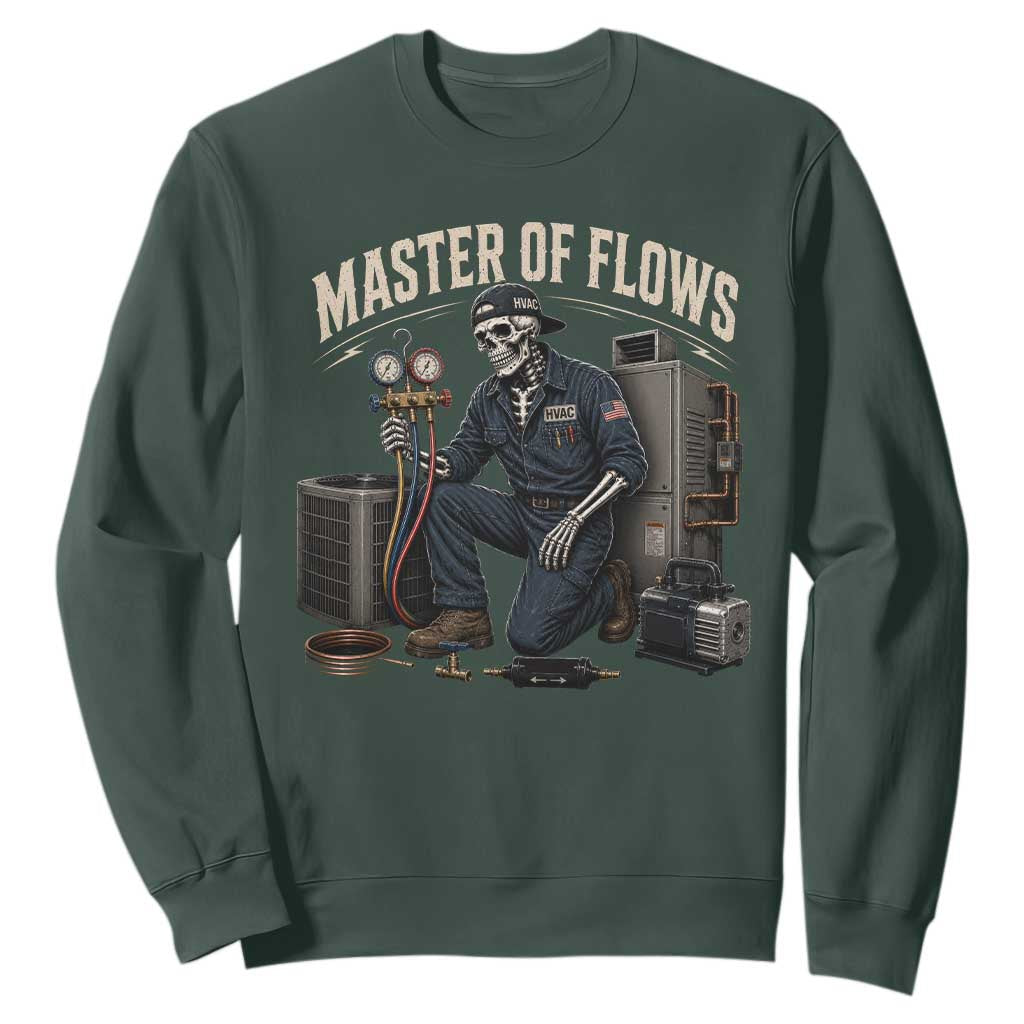 HVAC Tech Skeleton Mechanic Sweatshirt Master Of Flows Vintage Distressed Graphic TS10 Dark Forest Green Print Your Wear